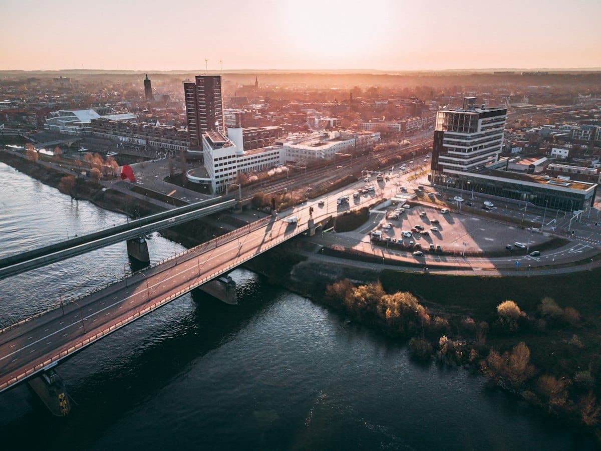 Venlo and the Maas bridge at sunset, from above